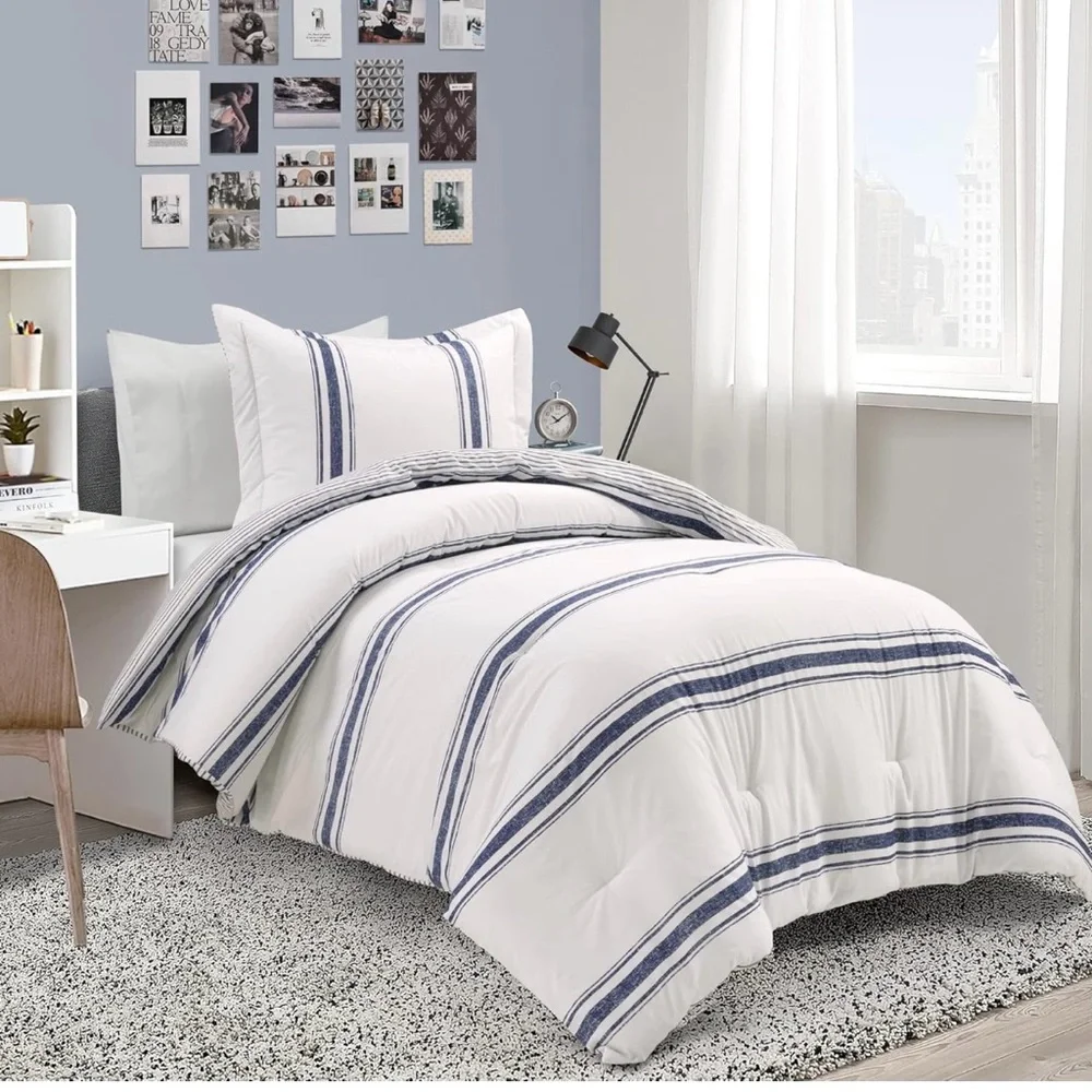 Lush Decor Farmhouse Stripe Reversible Cotton Comforter Set,2-Piece,Twin XL Navy